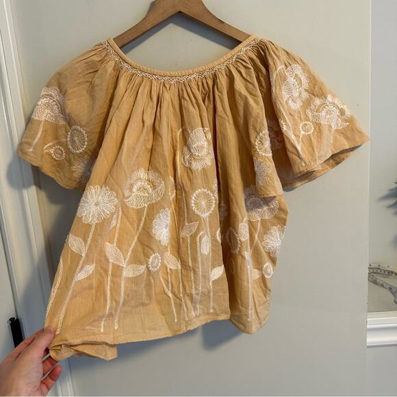 THE GREAT. Tan Cream White Floral Embroidered Blouse Top 0 Small - Picture 5 of 11